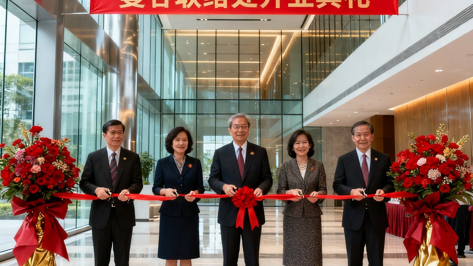 曼谷联络处开业典礼现场，中泰双方代表共同剪彩，背景是现代化的商务办公楼大堂，花篮与红色横幅增添了喜庆氛围